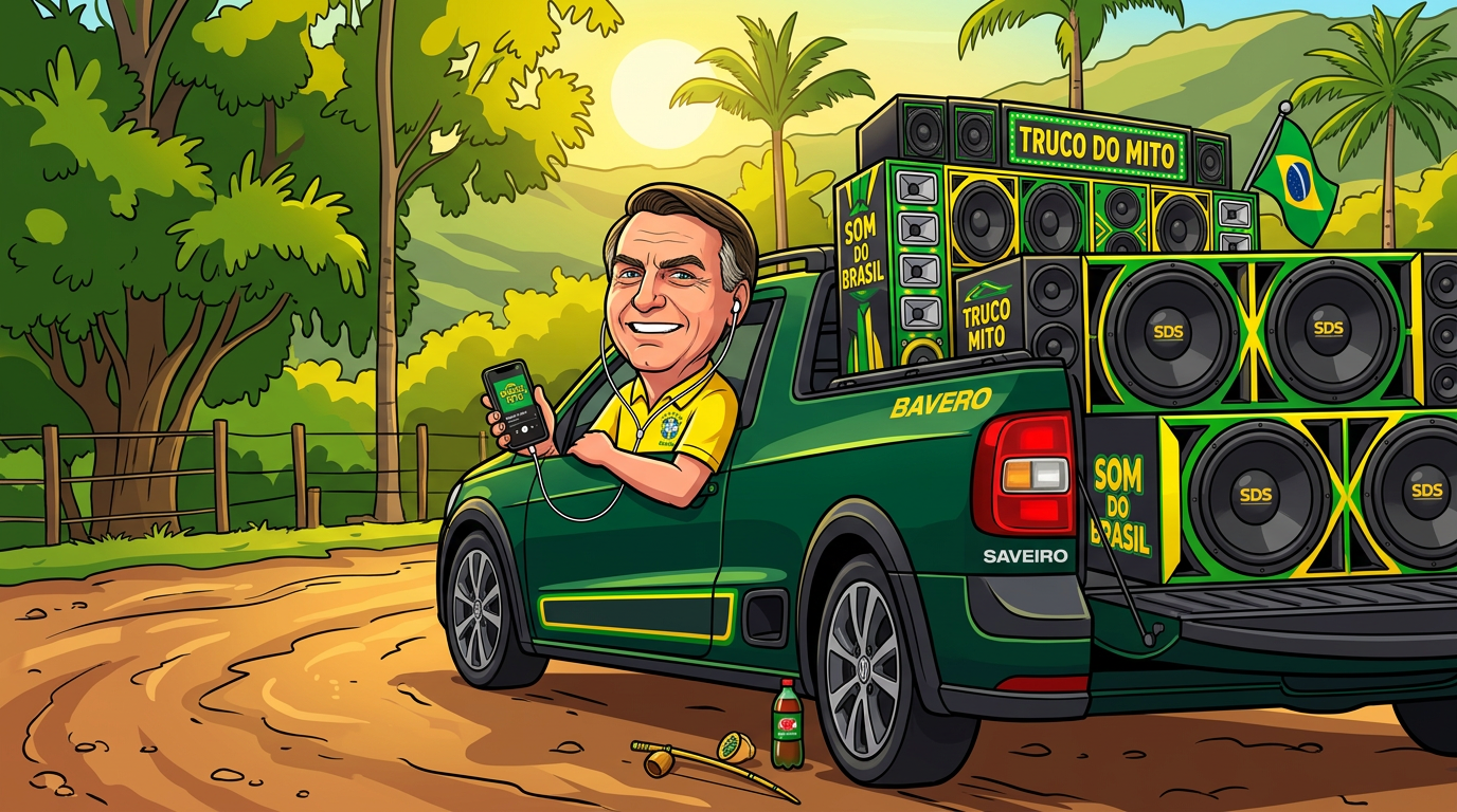 Cena gerada por IA de Jair Bolsonaro ouvindo música ao lado de uma Volkswagen Saveiro com caixas de som e bandeira brasileira